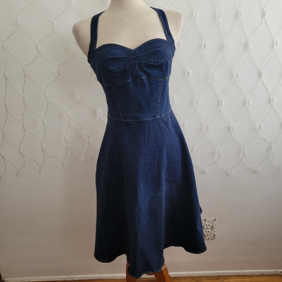 Deep Blue Halter Dress • Zip Up Back • A-Line • Ties At Neck - Picture 1 of 8